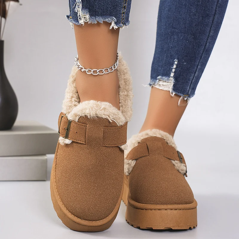 Inverno Addensato Peluche Appartamenti per Le Donne 2024 Marrone Pelliccia Sintetica Caldo Antiscivolo Scarpe Casual Donna Fahion Fibbia Tacco