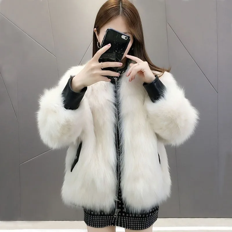 2023 New Faux Fox Skin Coat Women\'s Short PU Leather Standing Collar Long Sleeve Loose Winter Jacket Women\'s Fashion Coat