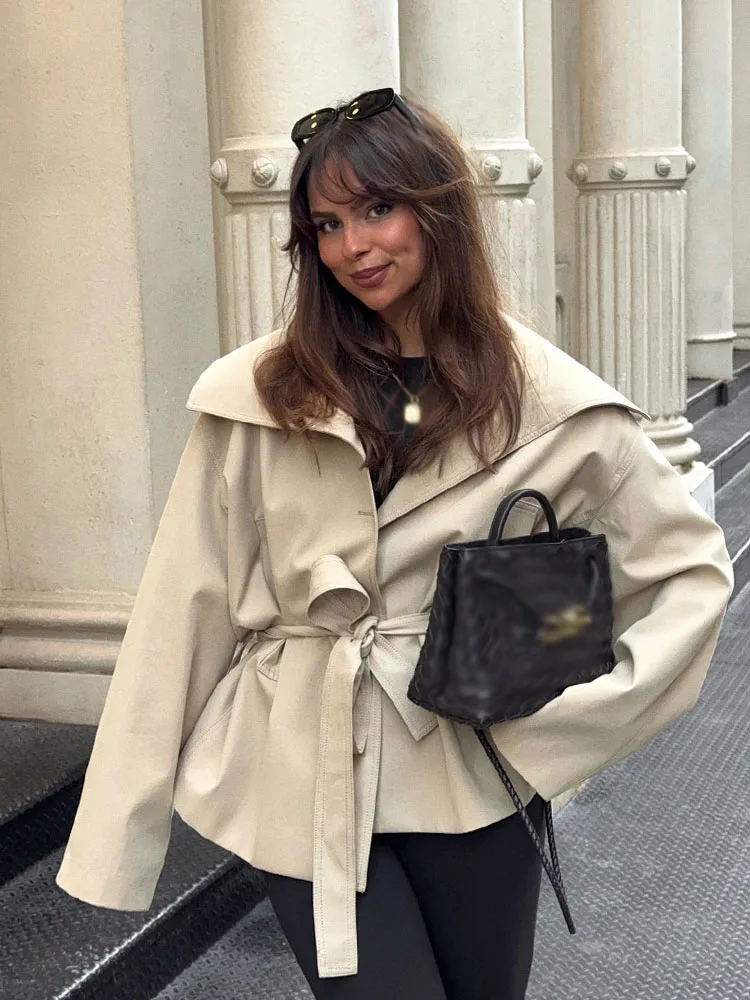 HH Women Lapel High Street Short Coat Wear Belt Single-breasted Solid Women Autumn Fashion Pockets Long Sleeves Jackets
