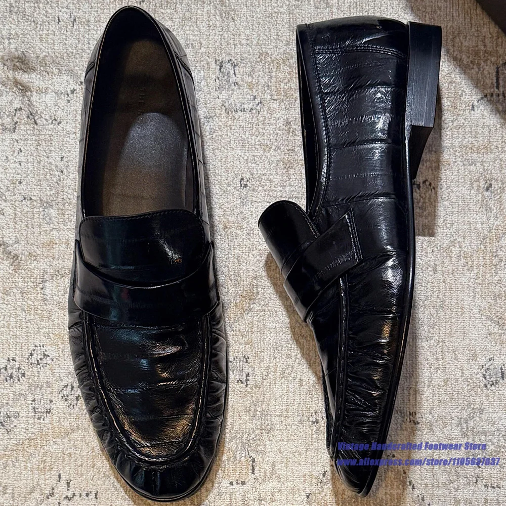 Men's Black Glossy Wrinkled Croc Embossed Loafers Slip-On Thick-Soled Formal Casual Dress Shoes Vintage Handcrafted Men's Shoes