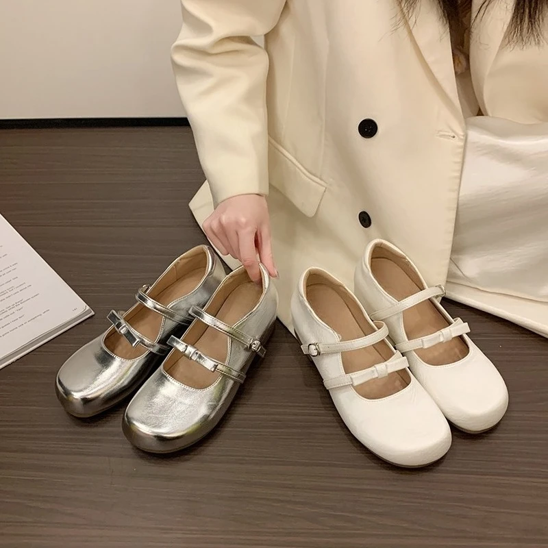 

Bright Leather Bow Slip Single Shoes Summer New Round Toe Shallow Mouth Slip Strap Soft Sole Non-Slip Low Top Shoes