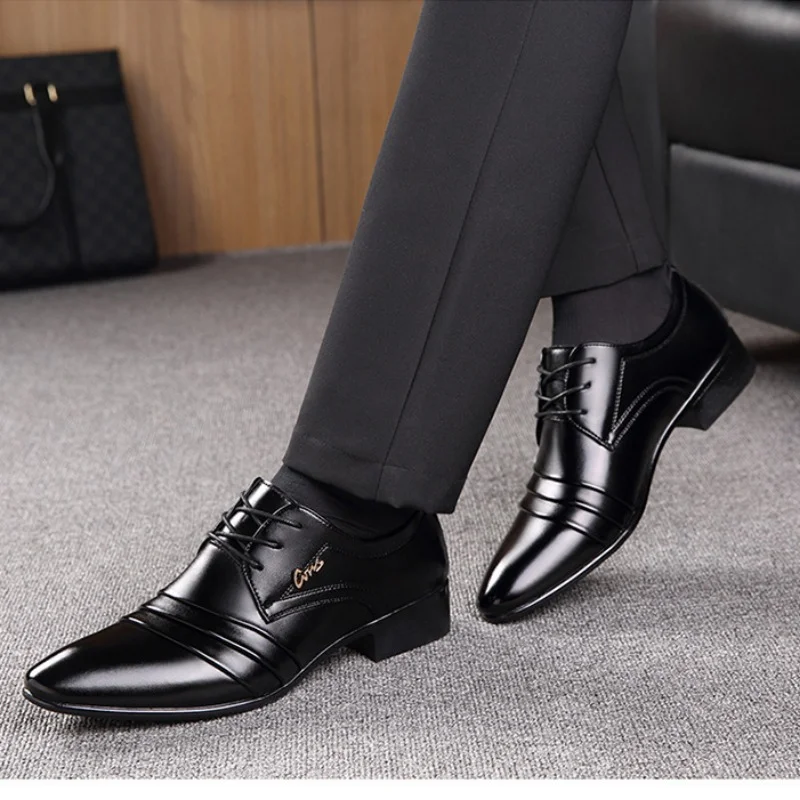 Men\'s Business Leather Shoes Casual Pointed Toe Formal Leather Lace-up Sleeve Low Top Plus-size Shoes Wedding Shoes for Men