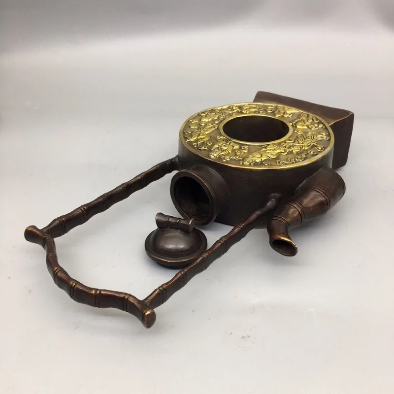 Gilt copper immortals and eight treasures flat handle teapot, craft, home copperware decoration, antique collectib