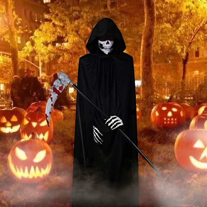 New Creative Halloween Grim Reaper Costume Unisex Cloak Kids Scary Costumes with Robe Glowing Red Eyes Hood Belt Scythe Gloves