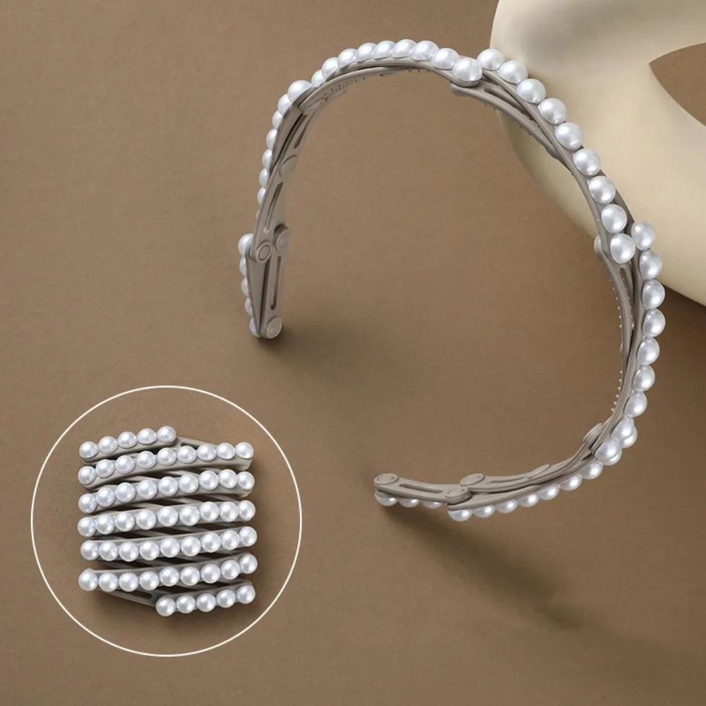 Forsted Foldable Pearl Headband Waterproof Plastic Retractable Hair Hoop Korean Style Coffee Portable Hair Band Women