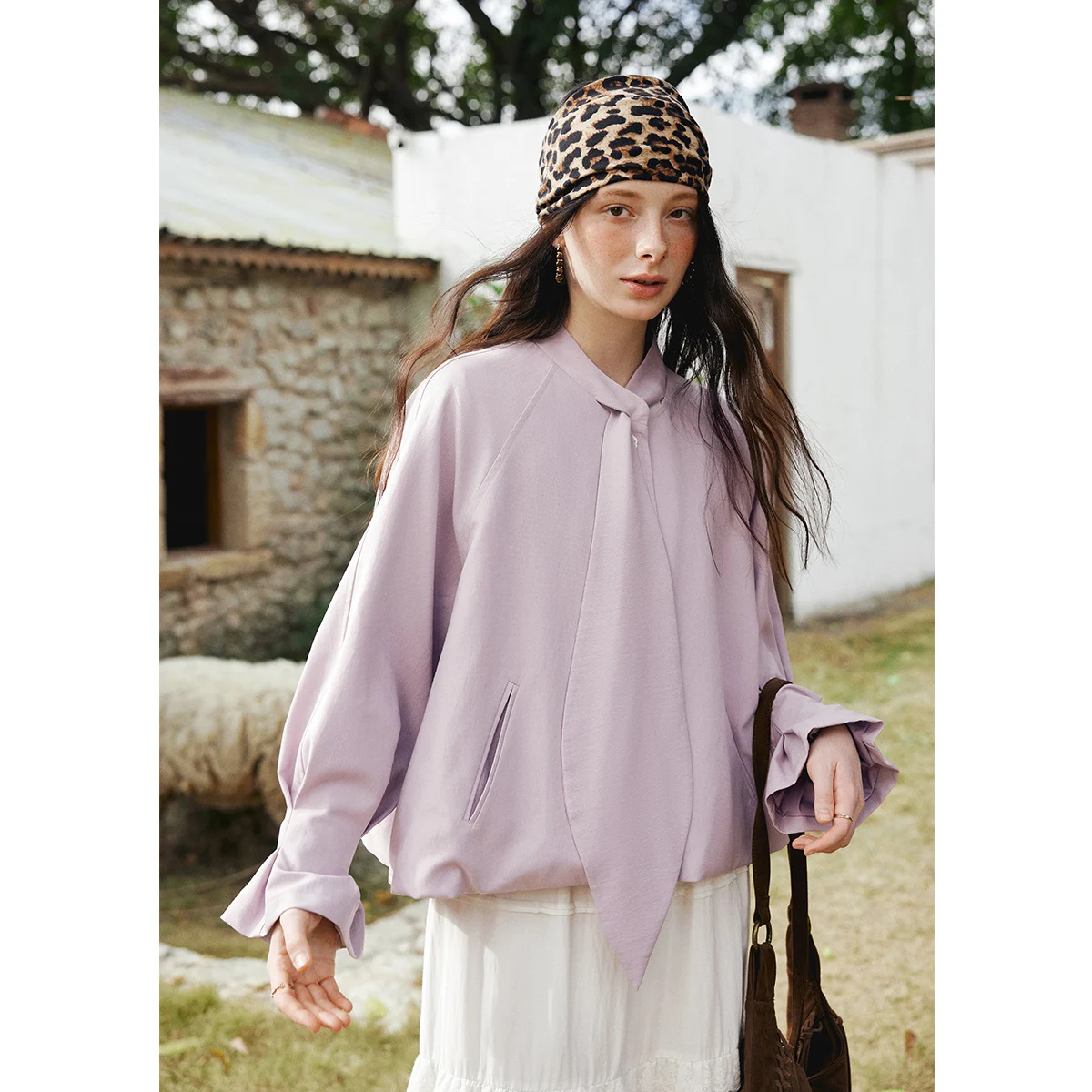 OLrain 2026 Autumn New Women Cropped Jacket Drop Shoulder Bubble Sleeve Ribbon Design Loose Petite Outerwear Tops GO58CW003008