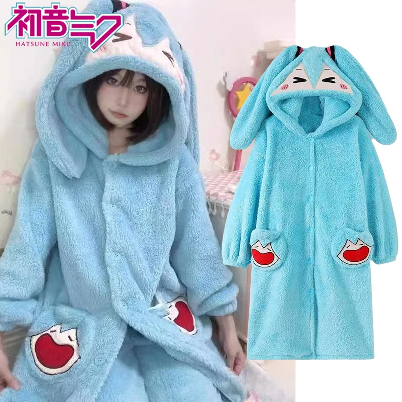 

Kawaii Хацунэ Мику, плюшевый халат для женщин, зимний теплый пижамный комплект с героями мультфильмов, милый мику, одежда для сна с капюшоном, брюки, домашние костюмы, подарки
