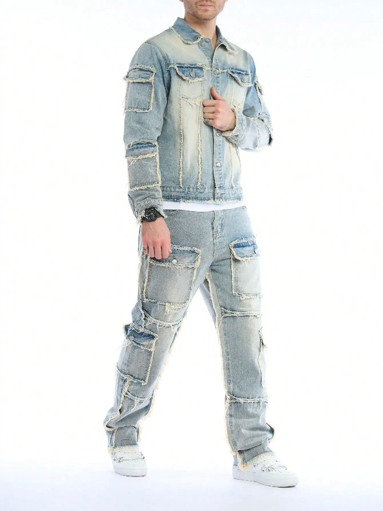 Set due pezzi in denim lavato da uomo di alta qualità (jeans + giacca di jeans) - Stile autunno e inverno