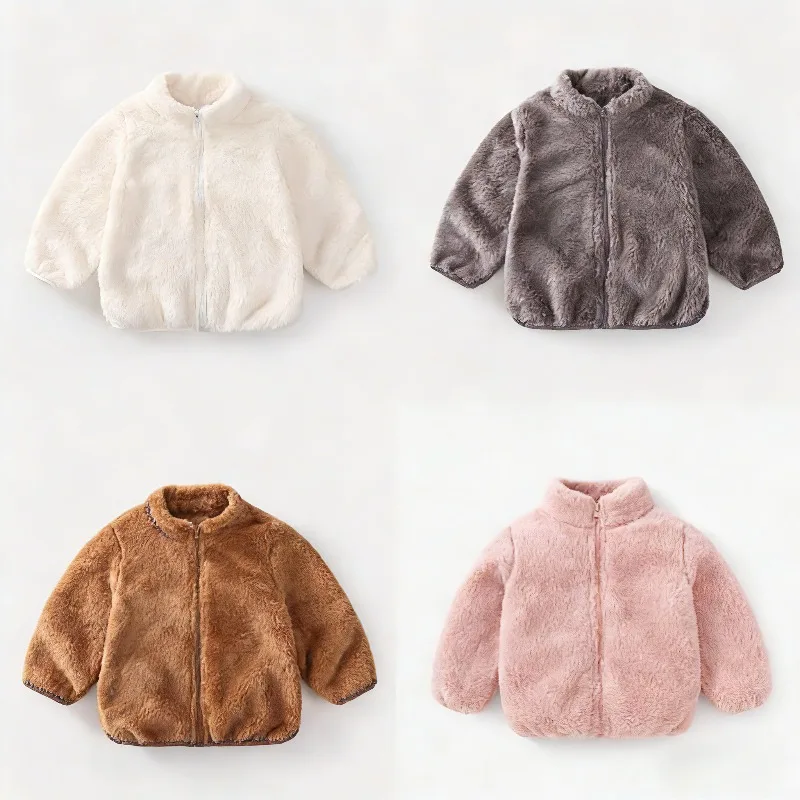 2026 Baby Double Sided Fleece Jacket Spring Autumn Winter Warm Solid Color Versatile Top Inner Outer Wear For Toddler Boys Girls
