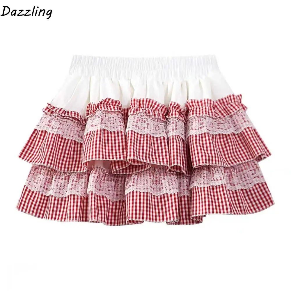 

Lolita Lace Grid Cake Skirt Plaid Stripe High Waist JK A-line Short Skirt Ruffle Multi-layer Lace Pleated Mini Skirts Girls