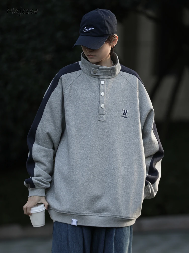 

Sweatshirts Men Autumn New Japanese Style Vintage Patchwork Contrast Color Long Sleeve All-match Fashion Harajuku Males Clothing