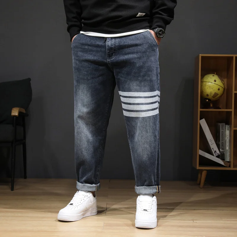 

8XL oversized jeans men's fashion striped print stretch plus size casual denim loose 150kg fat pants