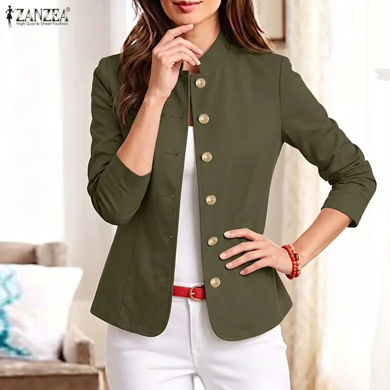 ZANZEA Women's Stand Collar Long Sleeve Jackets Slim Fit Retro Buttons Down Office Chic Casual Solid Color Autum Coats Outwears