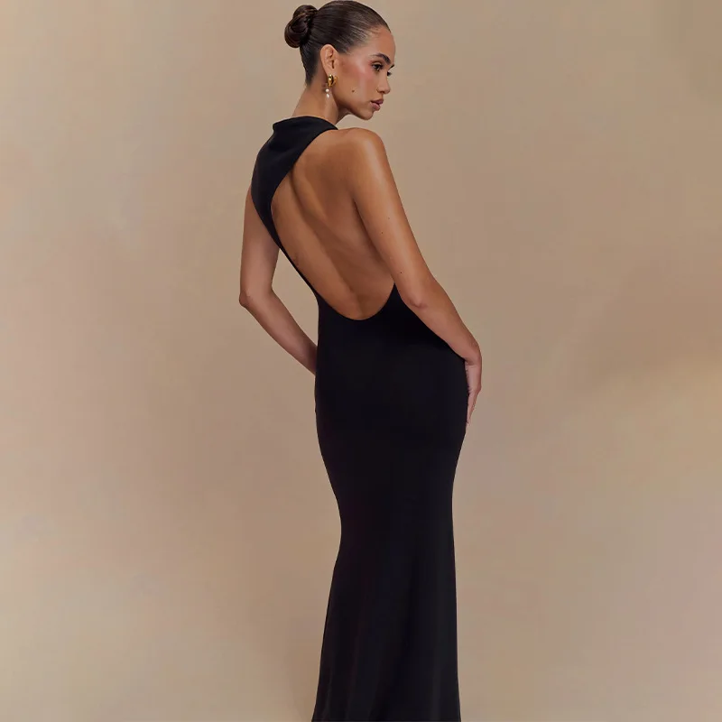 Elegant Solid Color Women Evening Party Maxi Dresses New Design Sleeveless Slim Dress Summer Lady Sexy Backless High Waist Gowns