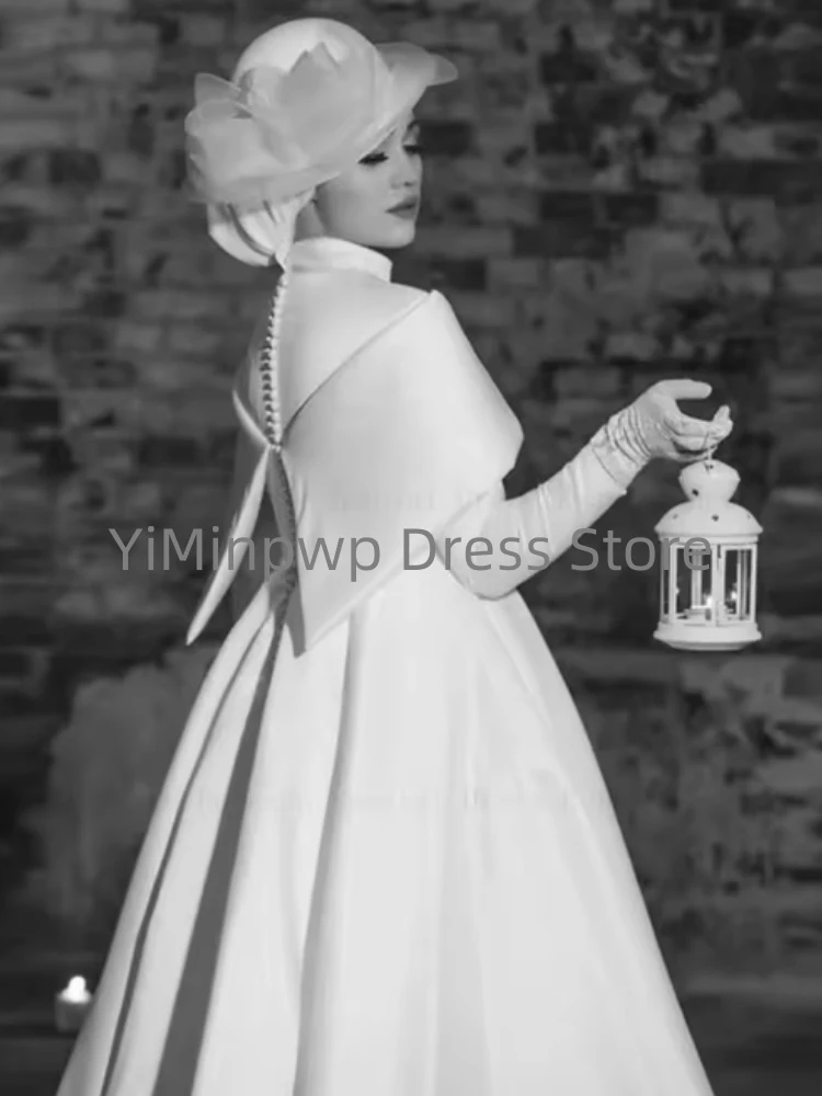 فساتين زفاف متواضعة كيب رقبة عالية كم طويل فستان عروس إسلامي مع زر فستان زفاف مخصص