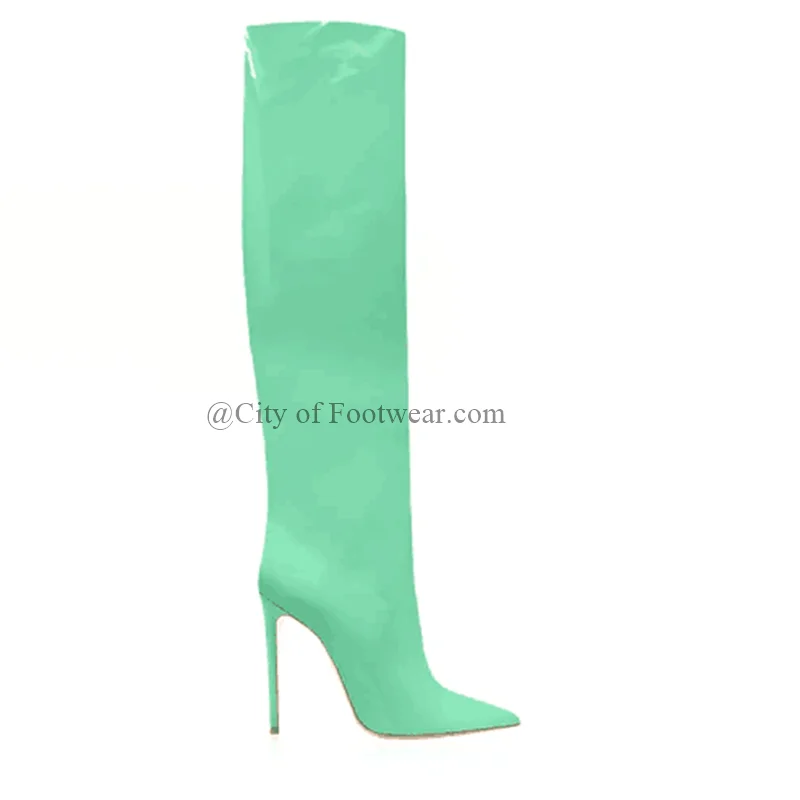 Pointed Toe Patent Leather Knee High Boots Stilettos Colorful High Heels Pull on Shoes Women Winter Sexy Luxury Designer Boot