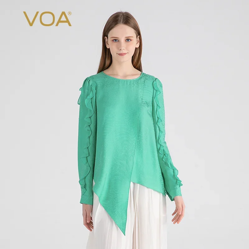 (Fans Exclusive Discount) VOA Jacquard Silk O-neck Long Sleeve Green Tops Ruffle Lace Loose Fashion T-shirt Women Clothes BE1536