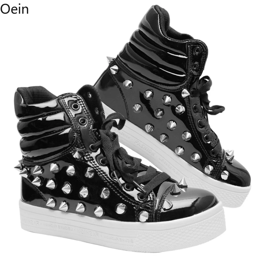 Mens Studed Dance Sneaker Spike Rivet Boot Studs Boys Punk High-Top Shoes Patent Leather Casual Motorcycle Black New 2023