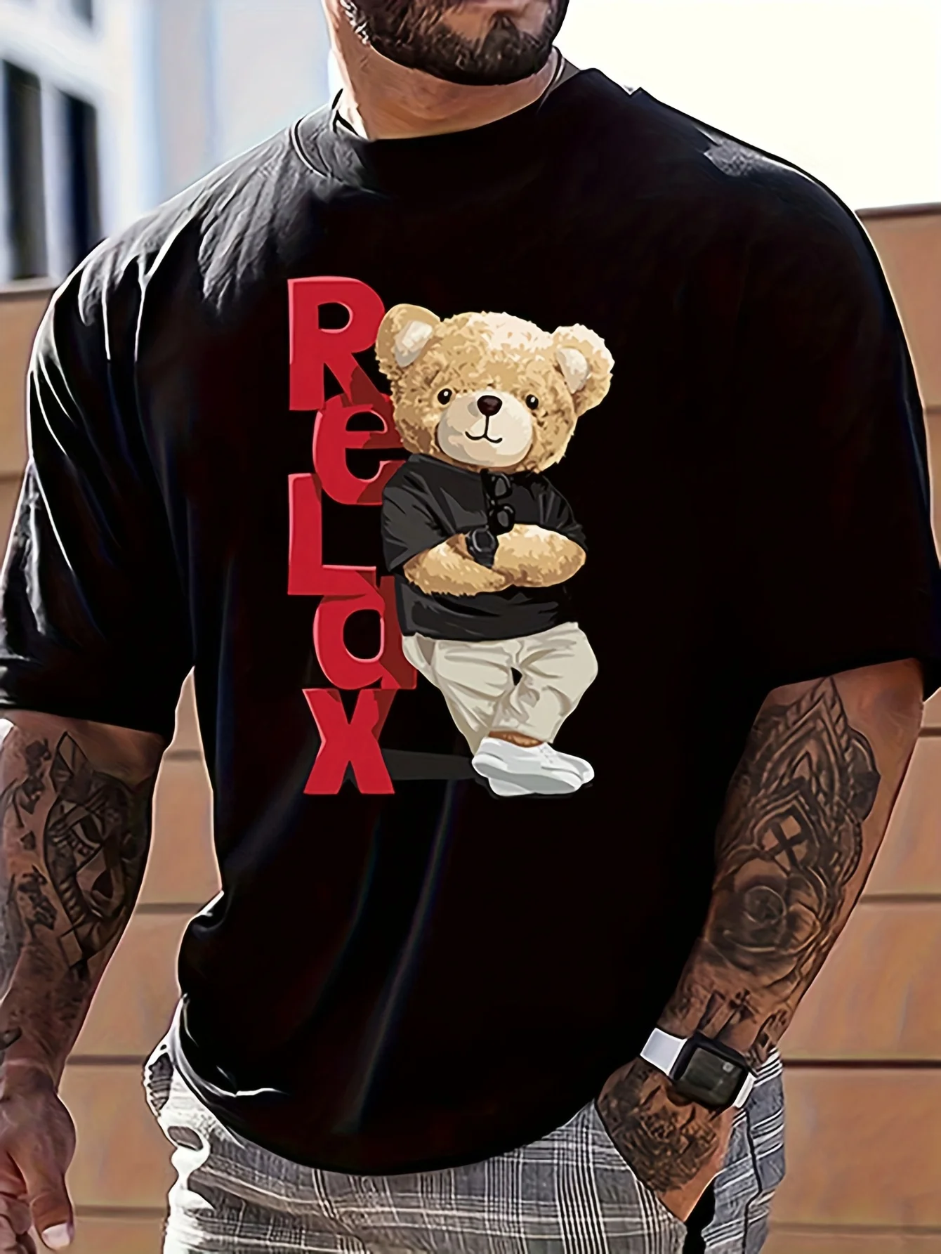 

Men'S Casual Crew Neck T Shirt 100% Cotton Slight Stretch Knit Fabric Regular Fit 180g Relax Teddy Bear Graphic Tee