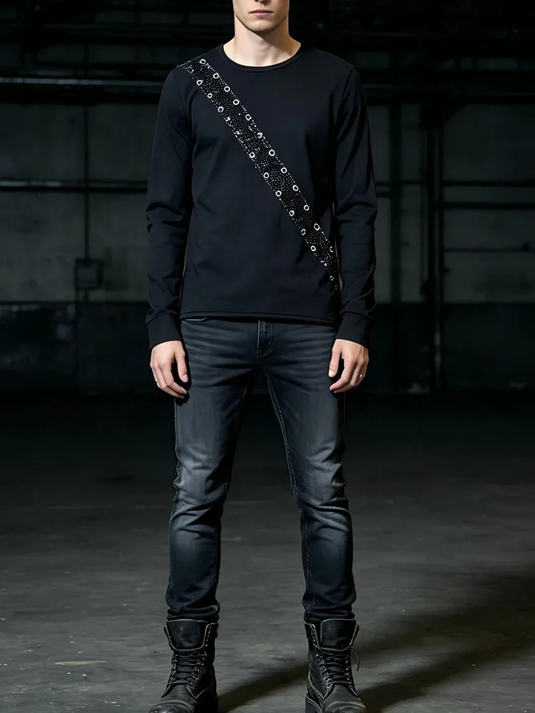 Dark punk rock style slim fit long sleeved round neck T-shirt with diagonal rivet decoration and guitar print casual top