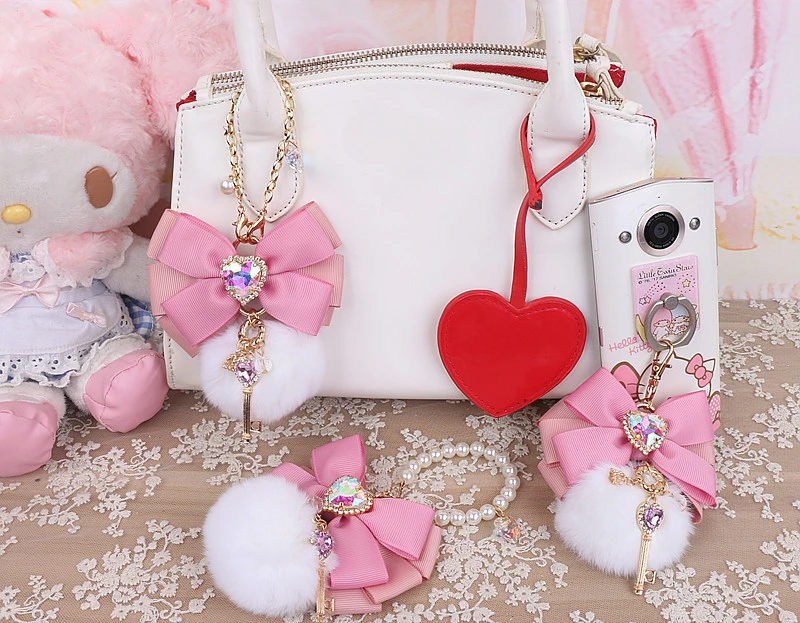 Y2k Lolita Bag Pendant Decor Accessories Imitation Pearl Bow Key Ring Ribbon Rhinestones Keychain Cute Accessary