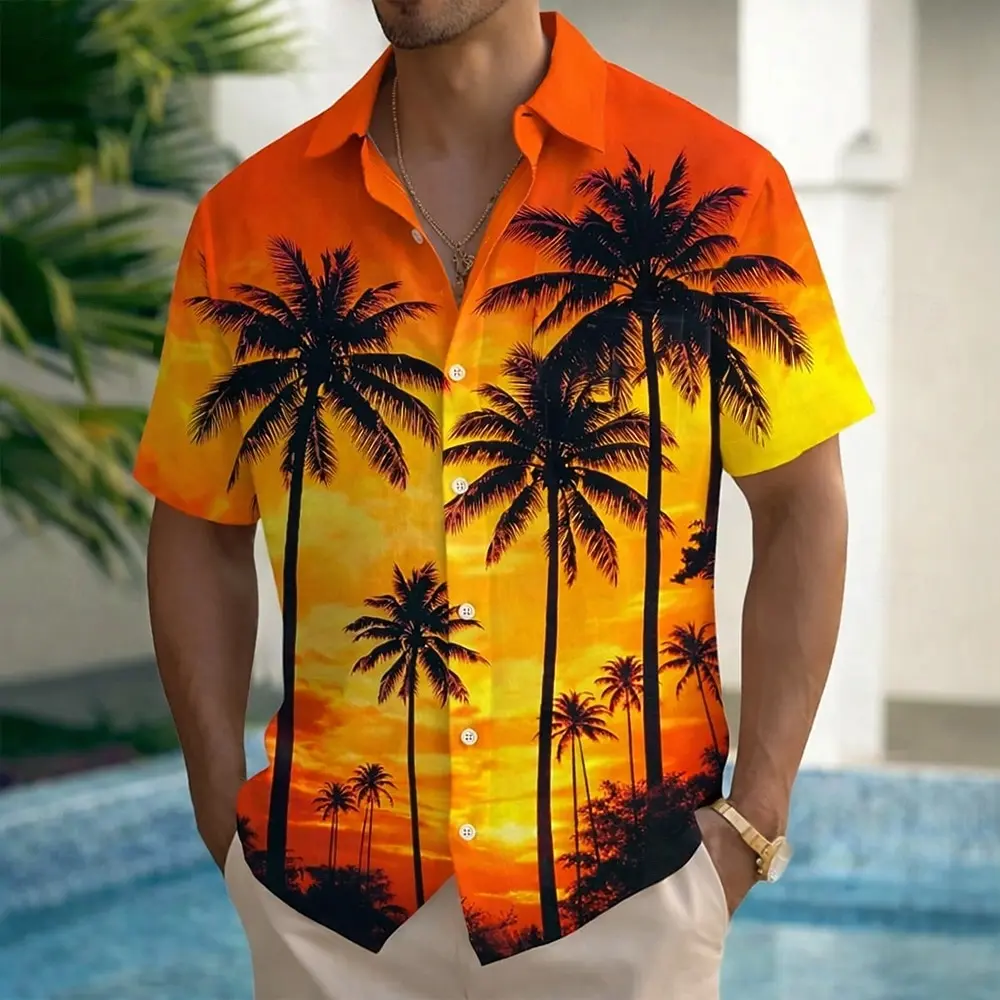 Men's Tropical Aloha Shirt Summer Hawaiian Print Button up Short Sleeve with Front Pocket Coconut Tree Landscape Design