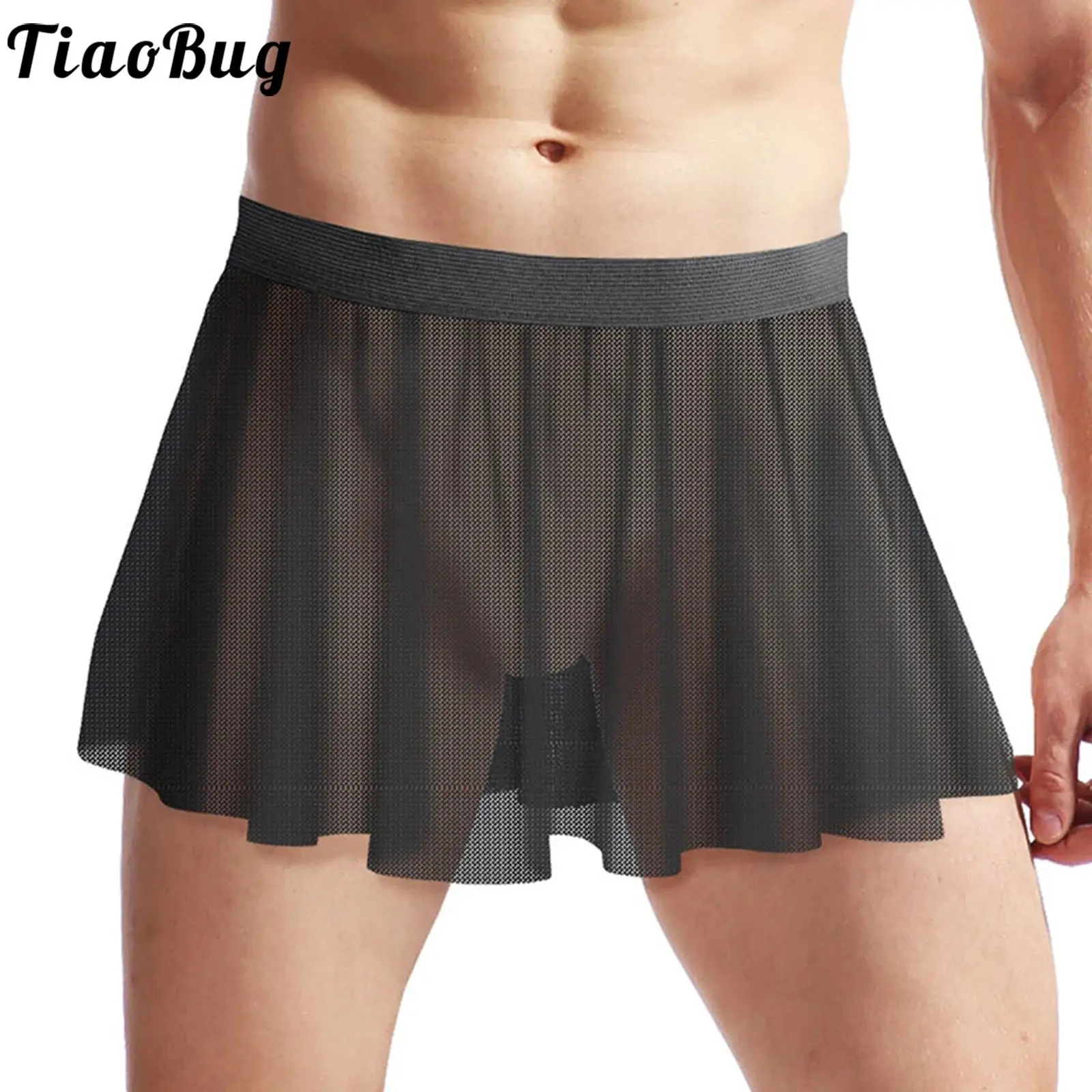 

Mens See-Through Mesh Ruffled Skirt Elastic Waistband Sheer Miniskirt Cross-Dresser Nightclub Stage Show Pool Party Costume