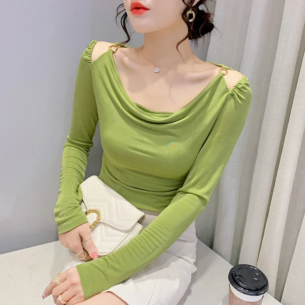 Draped Collar Long Sleeve Cotton T Shirt Women Sexy Club Women\'s T-shirt High Quality Fashion Off Shoulder Cutout Top Female Tee