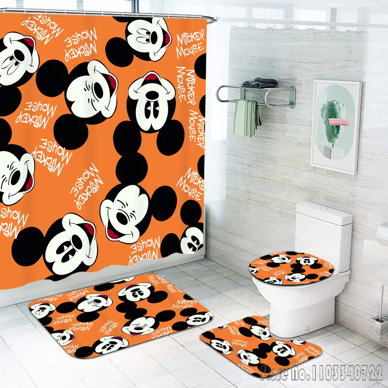 Disney Mickey Mouse Anime Bath Shower Curtain Set 4pcs with Hooks Waterproof Bathroom Toilet Mat Lid Decor