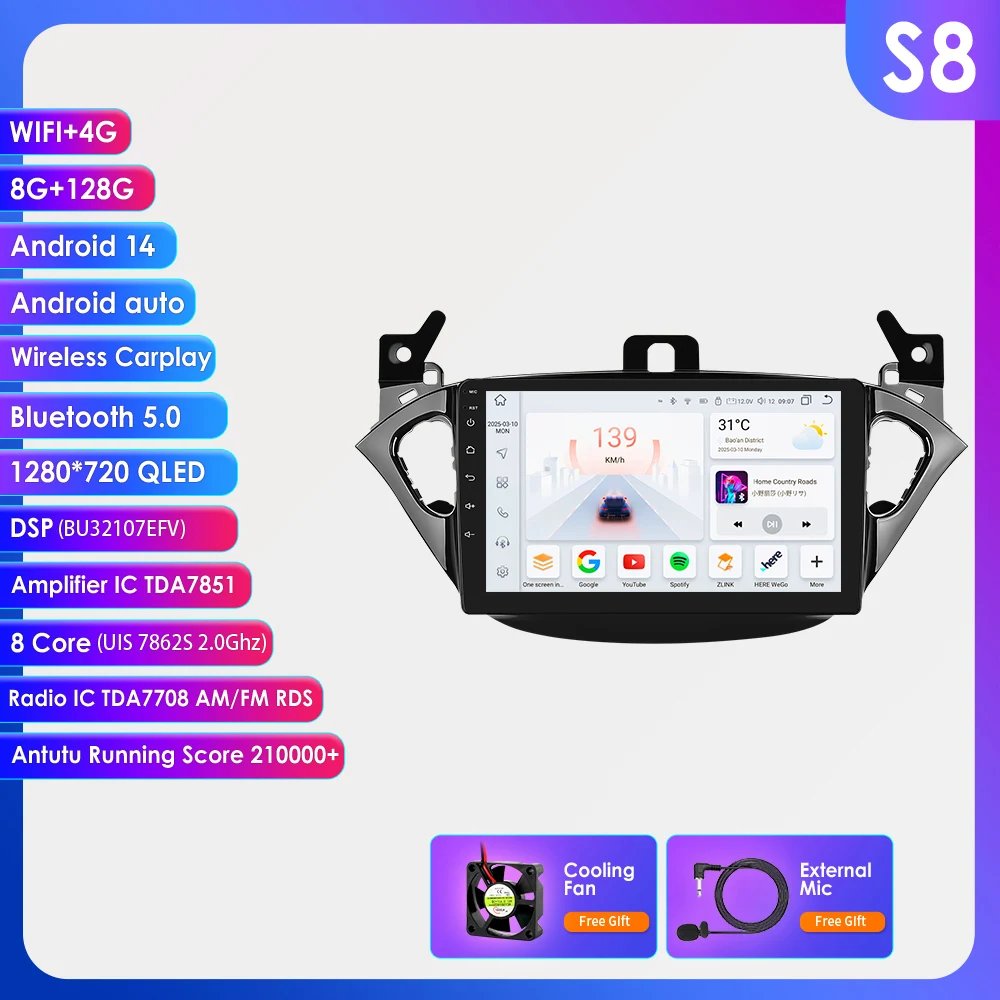 Hizpo 8+128G autoradio voor Opel Adam 2013-2016 Opel Corsa E 2015-2019 draadloze Carplay multimediaspeler QLED scherm GPS 4G AI