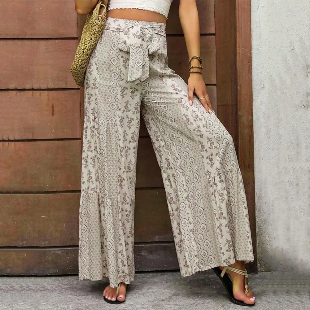 

Women Straight Leg Pants Ethnic Style Lace-up Beach Trousers for Women Loose Fit Wide Leg Pants with High Waist Summer Knot