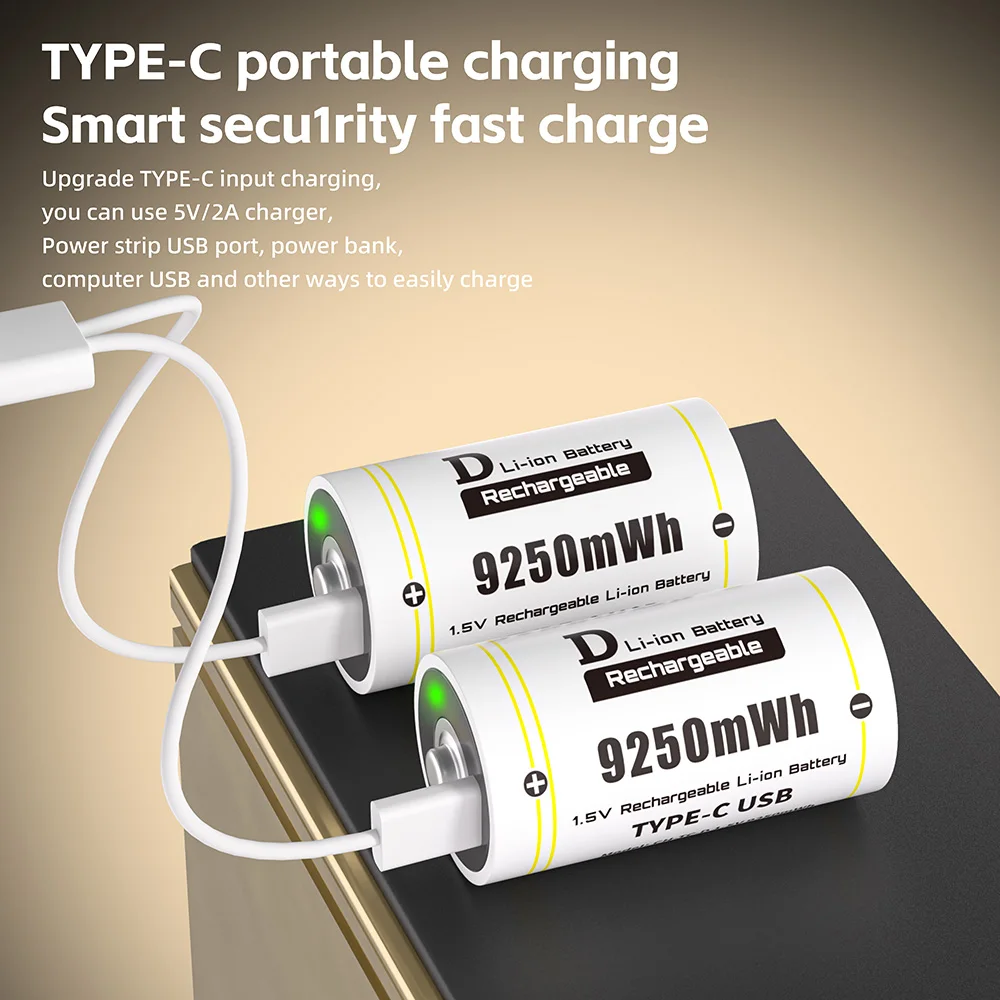 CHICNOD 1.5V 9250mWh USB Rechargeable D Size Battery LR20 D Cell Lithium Battery for Gas Cooker Water Heater Flashlight Radios
