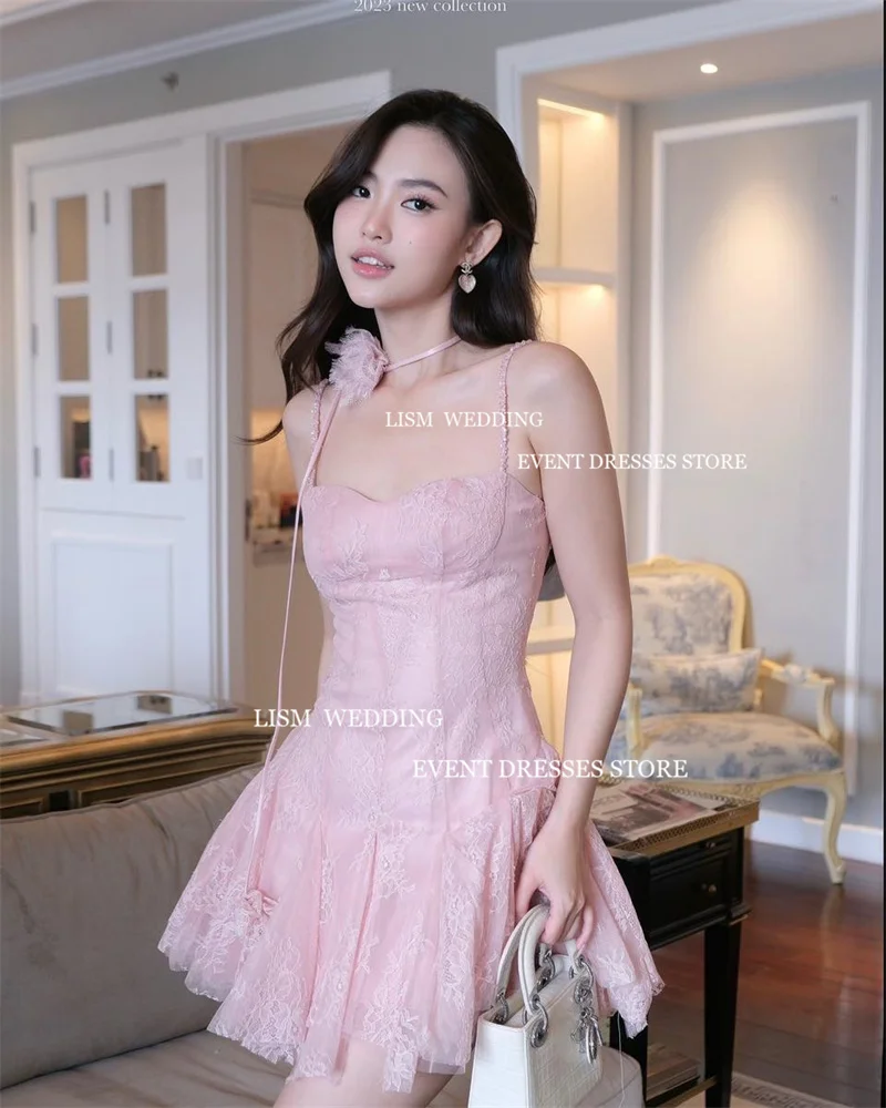 LISM Sexy Pink Full Lace A-Line Mini Evening Party Dresses Photo Shoot Spaghetti Strap Short Summer Formal Occasion Dress 2024