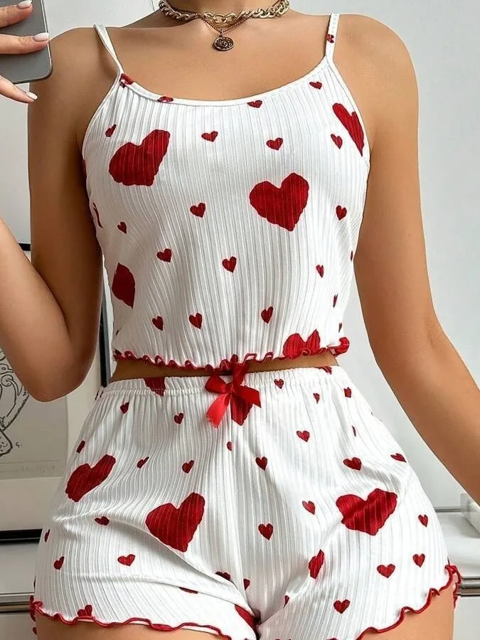 Women's 2024 New Fashion Sexy Heart-shaped Printed Round Neck Sling Short Top+high Waisted Casual Shorts Two Piece Set PA6D