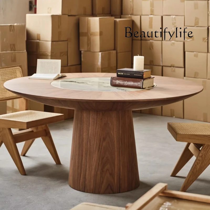 

Medieval light luxury simple marble inlaid turntable dining table minimalist luxury high-end designer