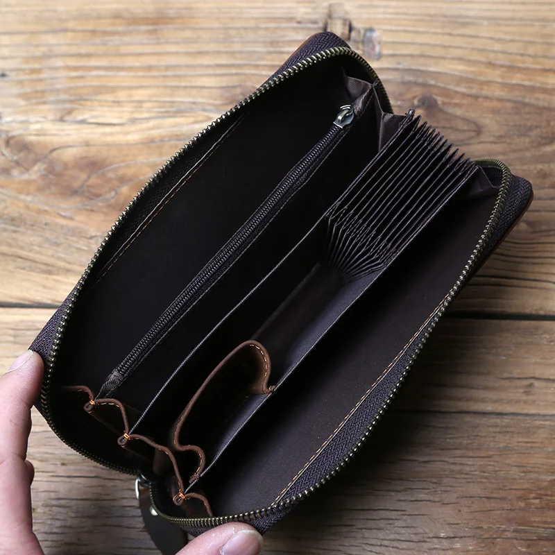 NZPJ Vintage Herren Lange Leder Geldbörse Crazy Horse Leder Handytasche Natürliches Rindsleder Clutch Bag Multifunktionale Geldbörse Kartentasche – Detail 14