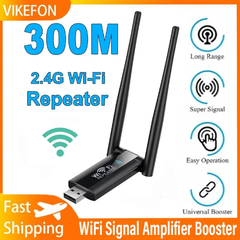 

WiFi Repeater 2.4G 300Mbps Wireless USB Extender WiFi Signal Amplifier Booster Long Range Wi-Fi Router Home Network Extension