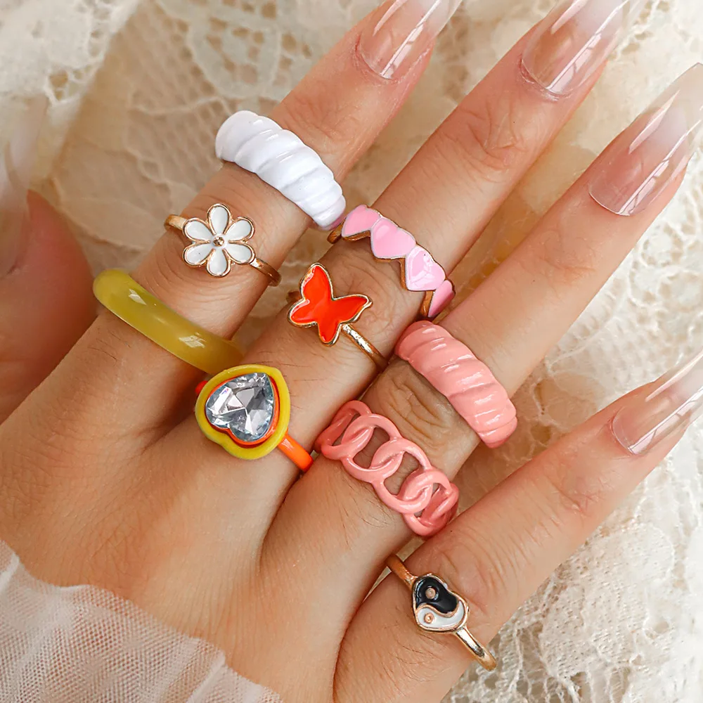 Fashion Loveliness Mixed Color Drip Oil Tai Chi Gossip Temperament Open Butterfly Ring Cute Jewelry Wedding Party Gift