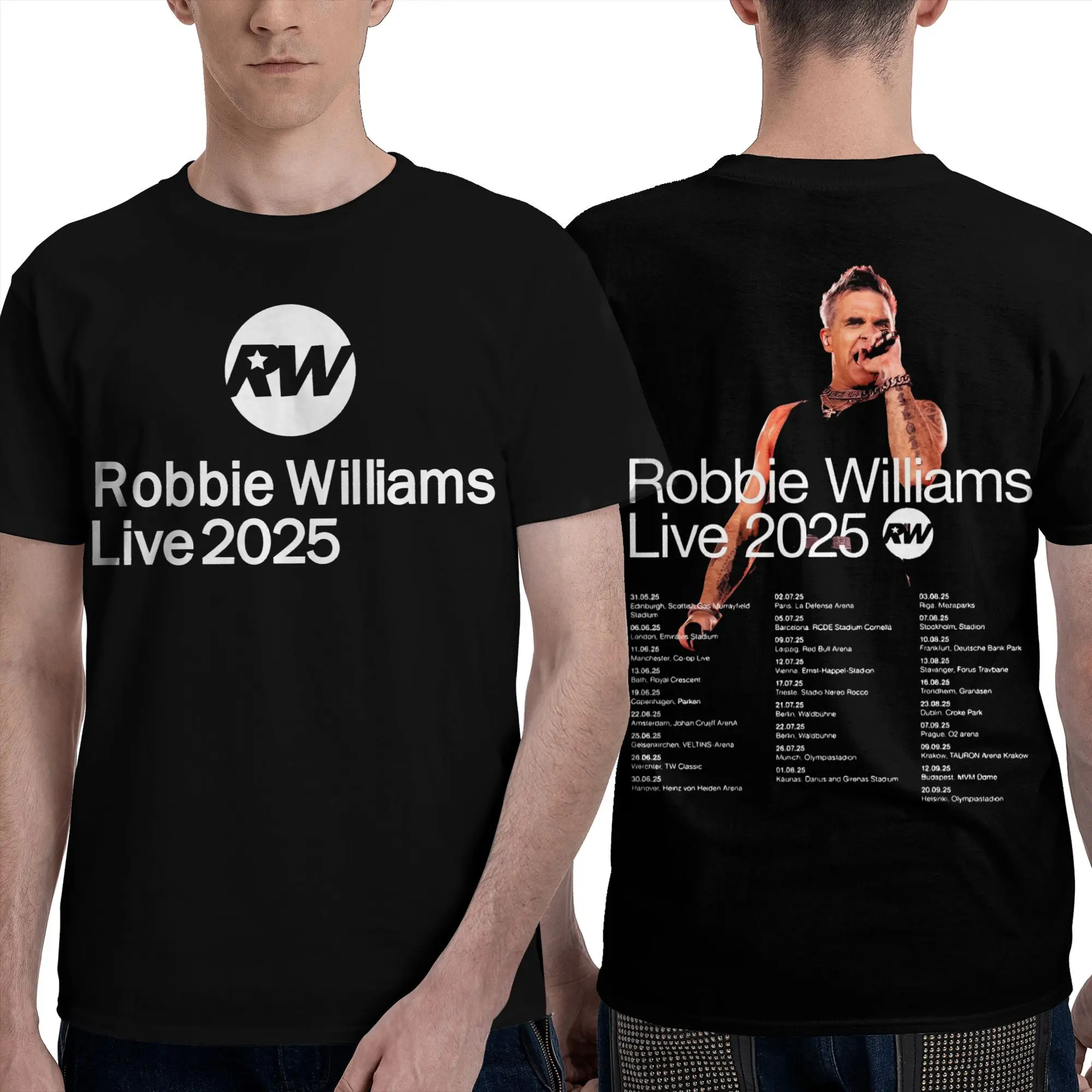 

Летняя концертная рубашка Robbie Williams Live 2025 для мужчин и женщин, повседневные футболки из чистого хлопка, одежда с короткими рукавами