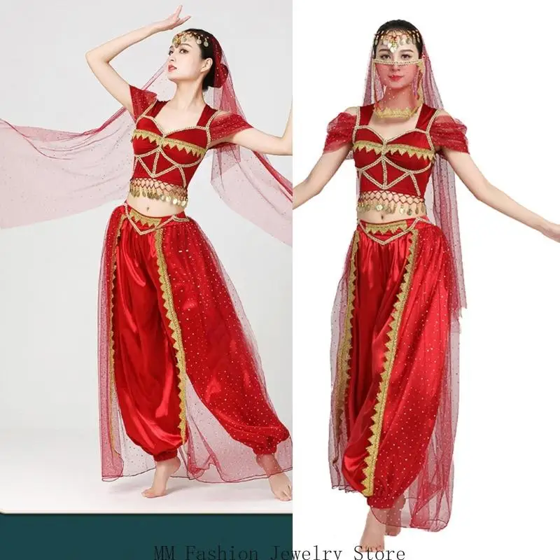 

4Pcs Belly Dance Costume Set Women Belly Dance Outfit Top Pants Veil Headress Halloween Stage Performances Costume