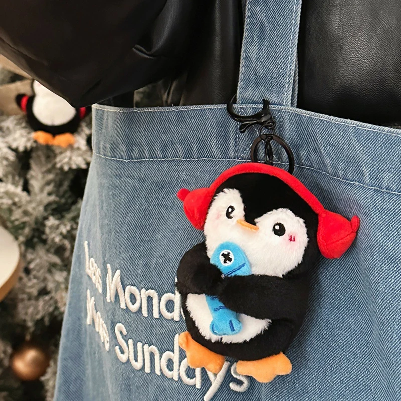 Apple Penguin Plush Toy Keychain Cartoon Penguin Holding Fish Soft Stuffed Doll Pendant Car Key Ring Backpack Bag Decor Kid Gift