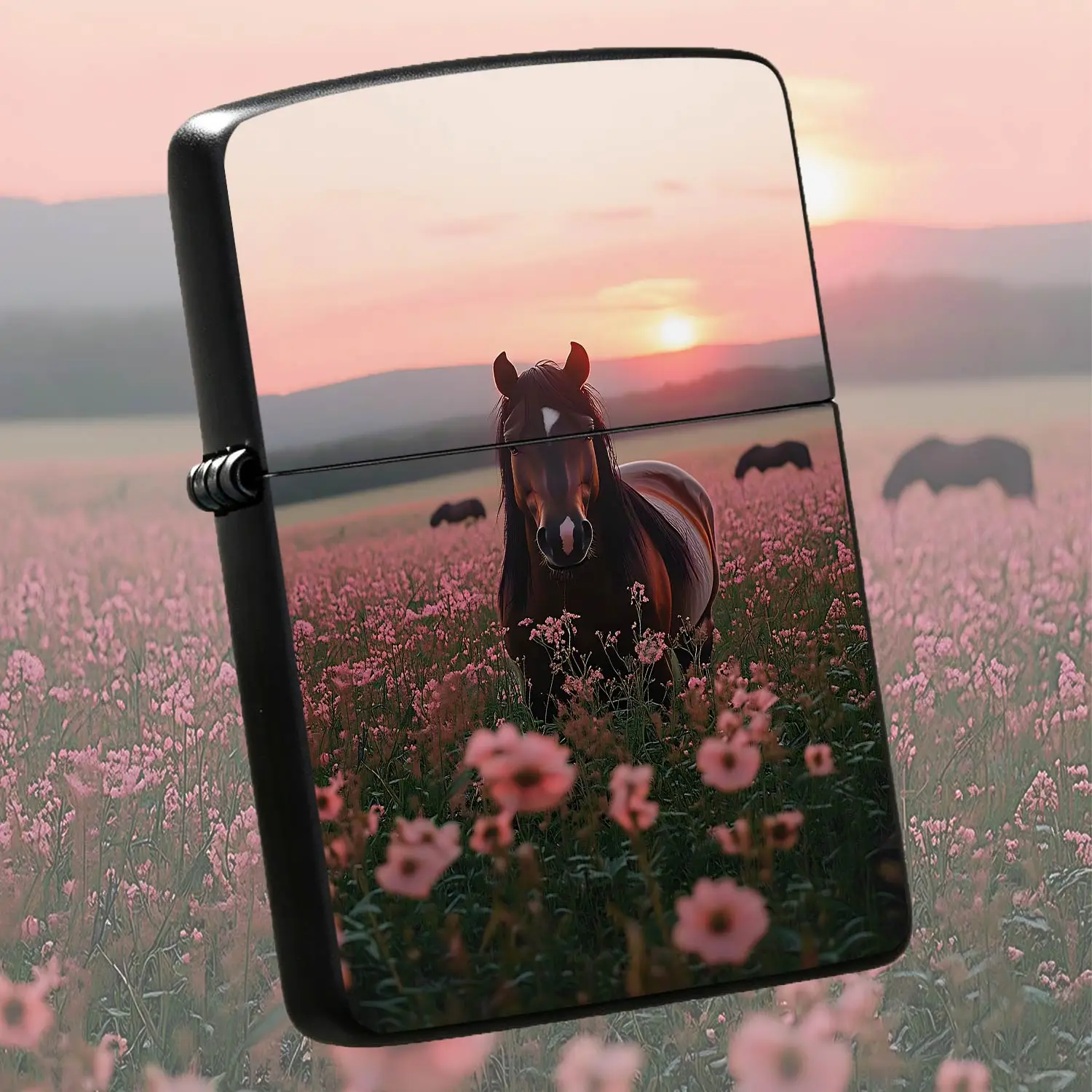 Romantic Sunset Wildflower Field Horse Print Lighter, Exquisite Portable Daily Use Ignition Accessory, Ideal For Indoor Outdoor Scenes, Nice Gift Choice For Friends Family, Aesthetic Pastoral Decor Practical Ignition To A Humorous And Inter