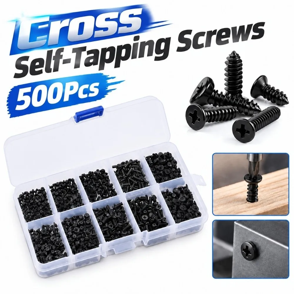 500Pcs New Metal Cross Self-Tapping Screws M2 M2.5 M3 Round Head Repair Screws Black Screw Assortment Kit Computer Repair