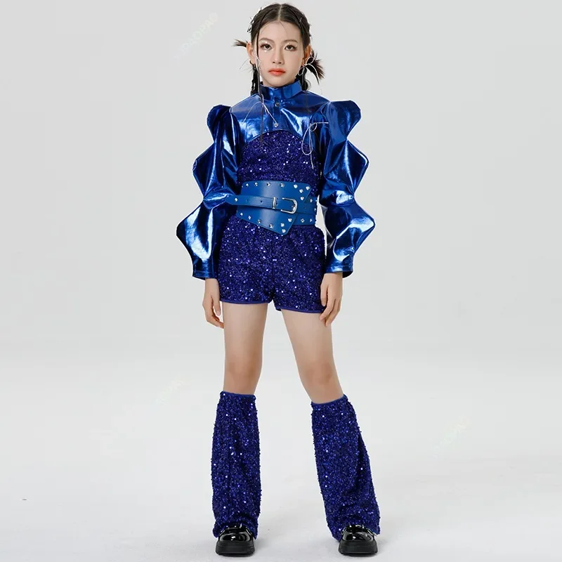 Kinderen Jazzdans Paillettenkostuum Hipster Meisjes Mode Pailletten Street Dance Set Meisjes Runway Stage Performance Blauw Pak
