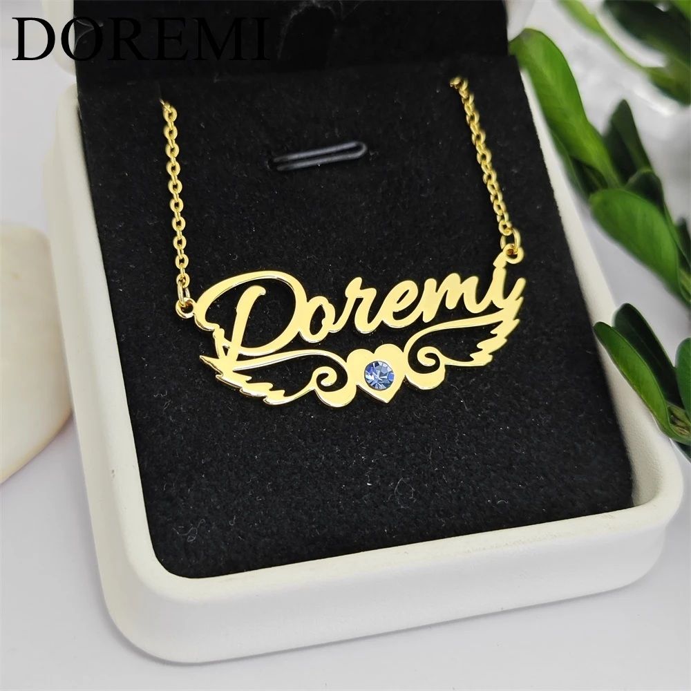 DOREMI Personalised Gold Ladies Jewelry Cursive Classic Wings Birthstone Necklace Women Custom Name Jewelry Colorful Necklace