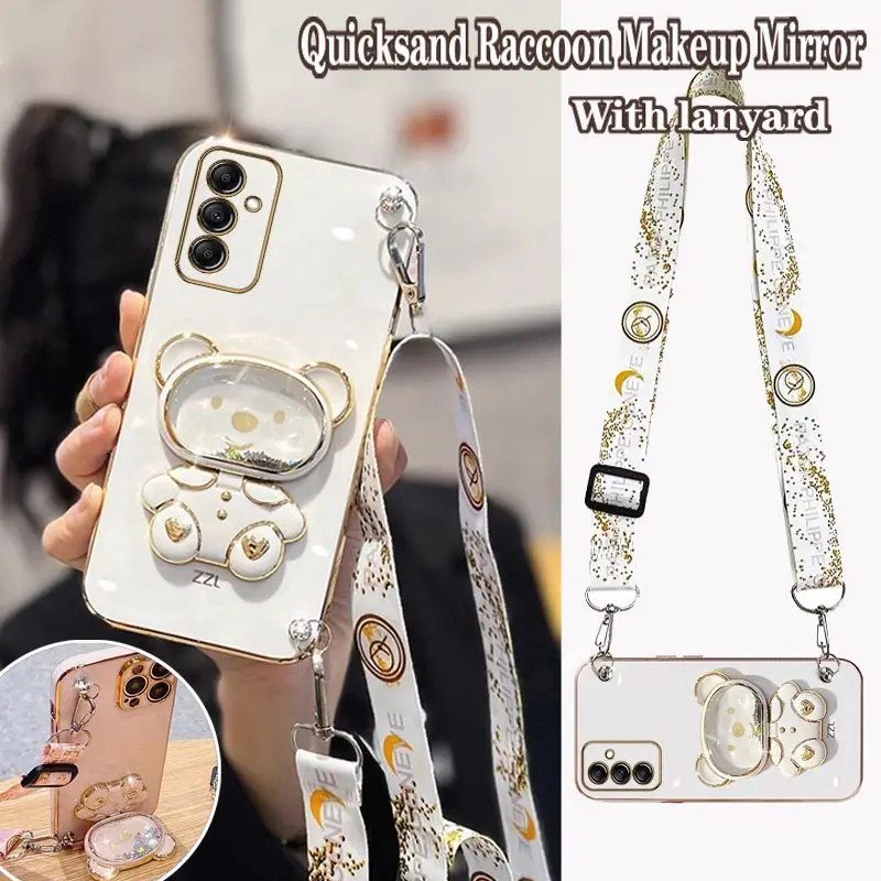 M15 Happy Bear Makeup Mirror Plating Phone Holder Case For Samsung M15 Shatterproof Protection Galaxy F15 Soft Back Cover