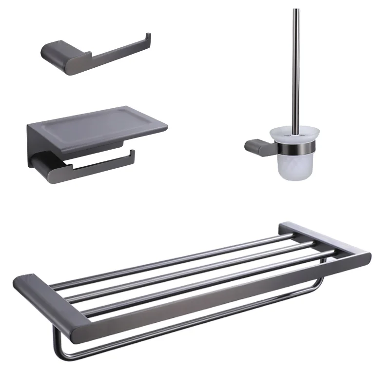 

High Quality Grey Stainless Steel Bathroom Hardware Set Towel Rack Coat Hook Towel Bar Toilet Paper Holder Soap Dish Accessories