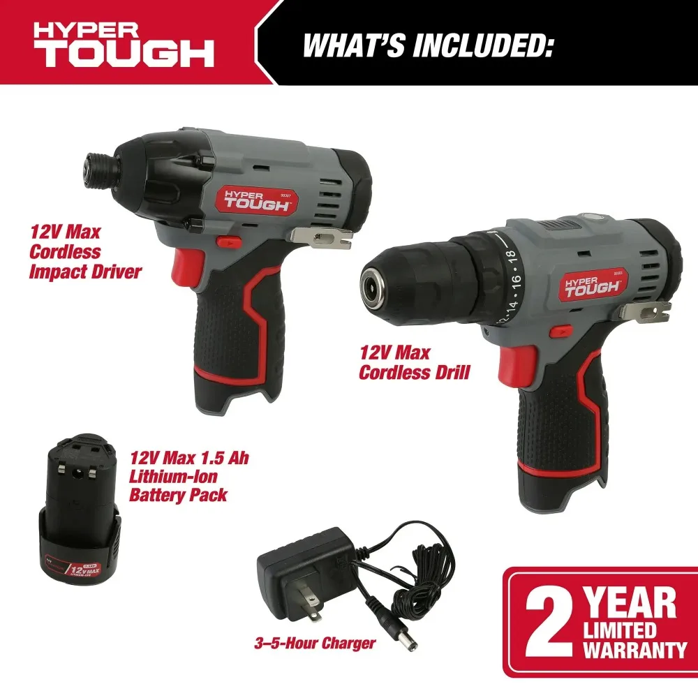 Hyper Tough 12V Max* Cordless 2-Tool Drill and Impact Driver Combo Kit, 3/8-inch keyless chuck 98936 New