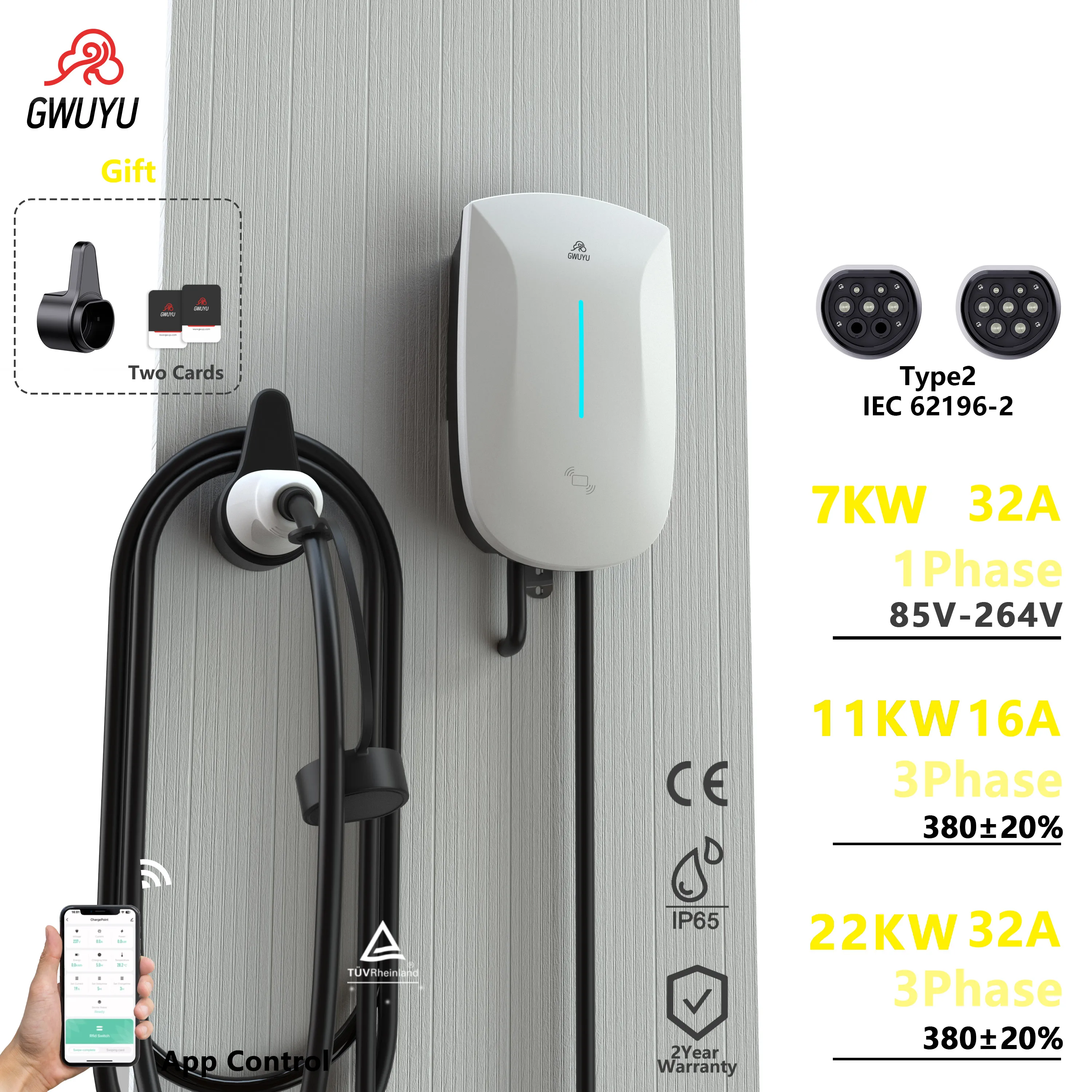 Caricatore EV da Parete GWUYU 1 Fase 7KW 11KW 22KW 3 Fasi Tipo 2 WiFi APP RFID IP65 per Uso Domestico e Commerciale, Spedito dalla Francia