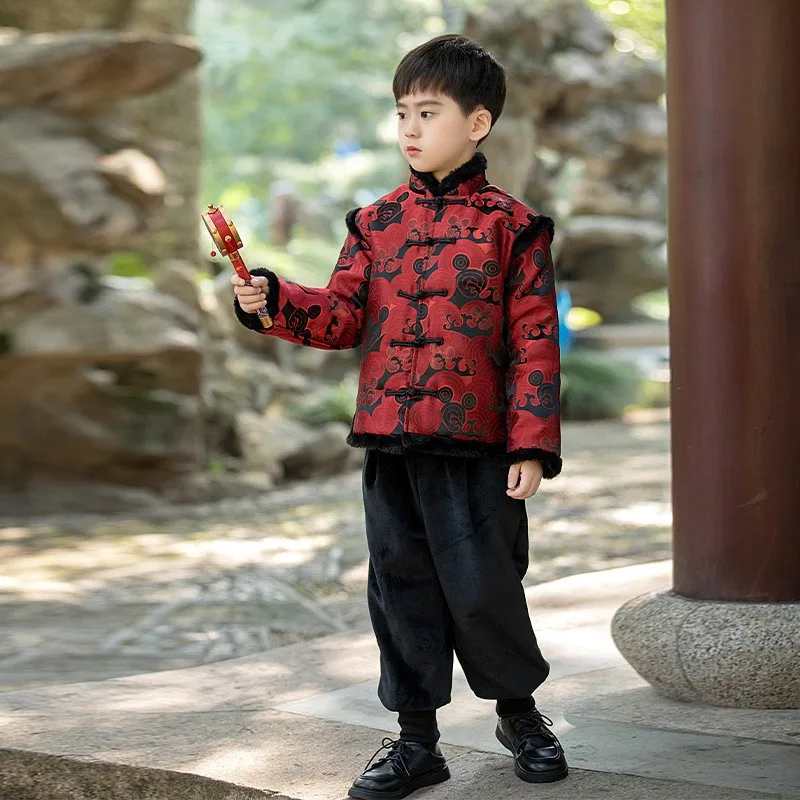 2024 Winter New Thick Warm Plush Tang Suit Boys Tradition Hanfu Cute Children\'s Chinese Dragon Embroider Kids New Year Clothing